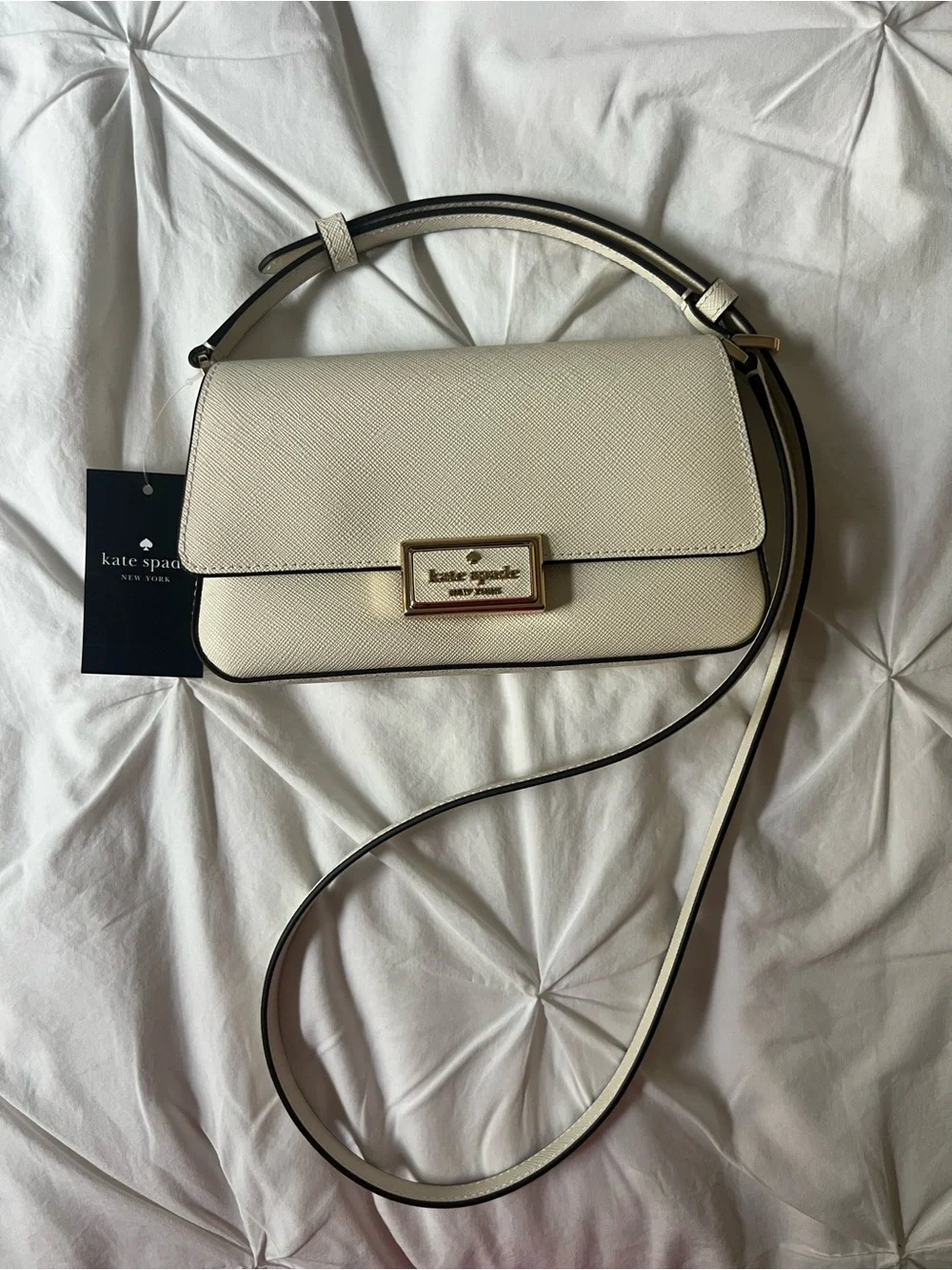kate spade Cream Saffiano Leather Crossbody with Gold Plaque